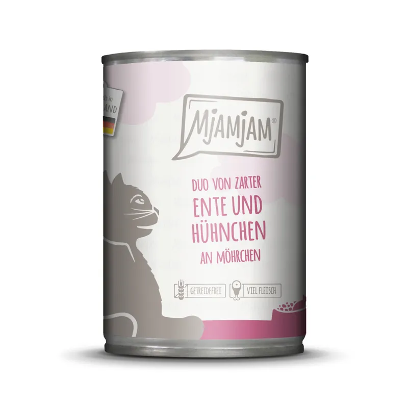 Sparpaket 24 x 400 g Mjamjam Duo von Ente & Hühnchen Katzen Nassfutter Markenware
